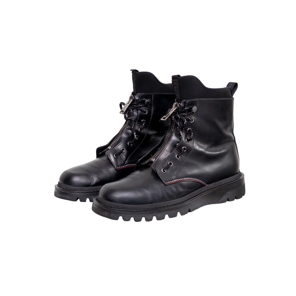 Moncler Black Leather Zip Front Combat Boots Made in Italy Lug Sole Mens 44